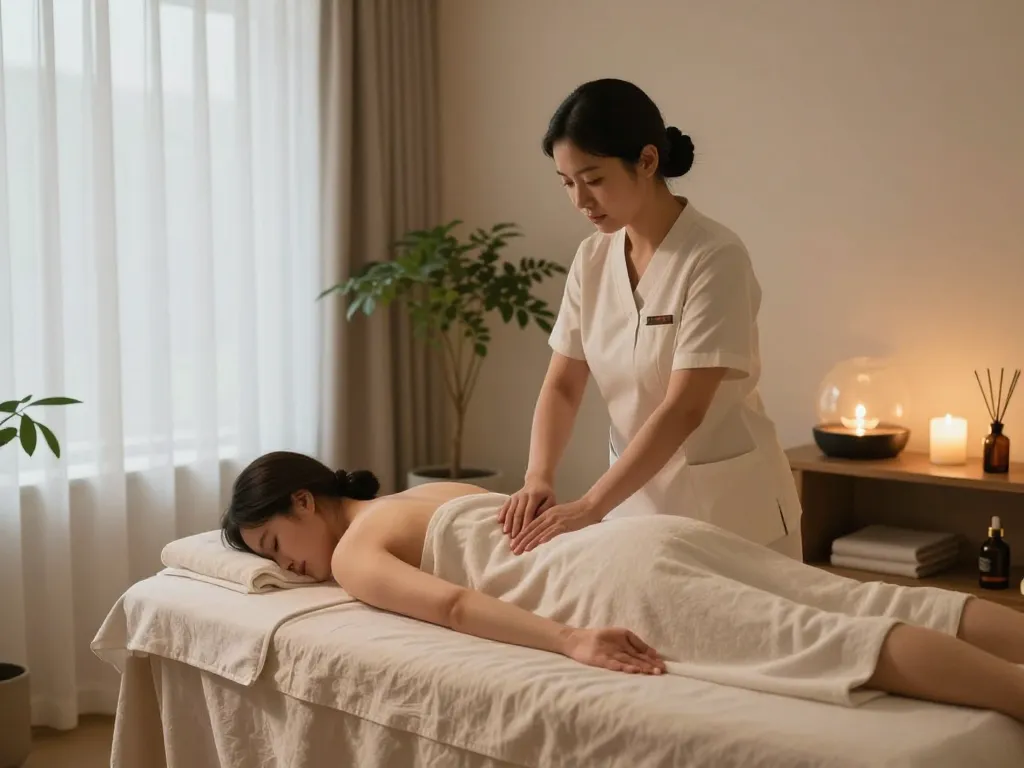 평온한 스파 분위기에서 편안한 논현동마사지 치료 세션.