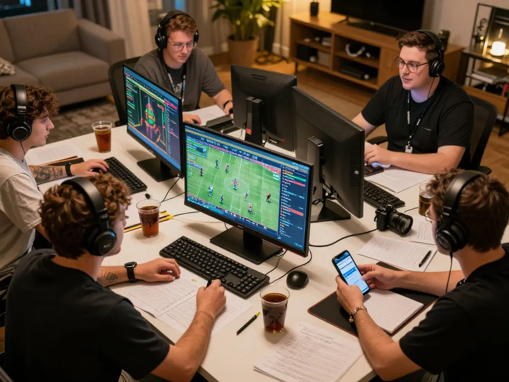 manclub players engaged in strategic online sports betting session with multiple screens