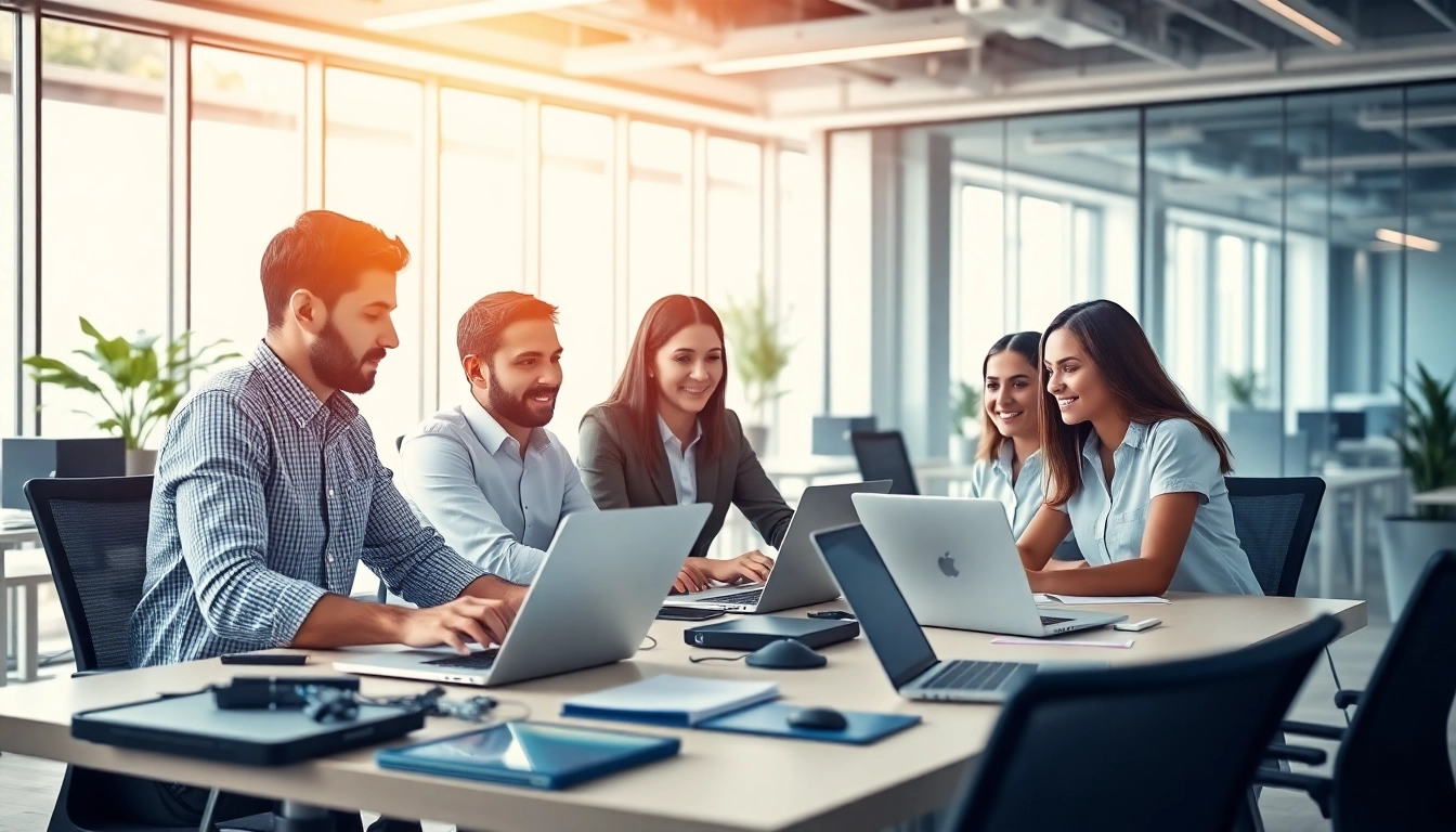 Showcases a diverse team of IT specialists collaborating with technology as a managed it provider.