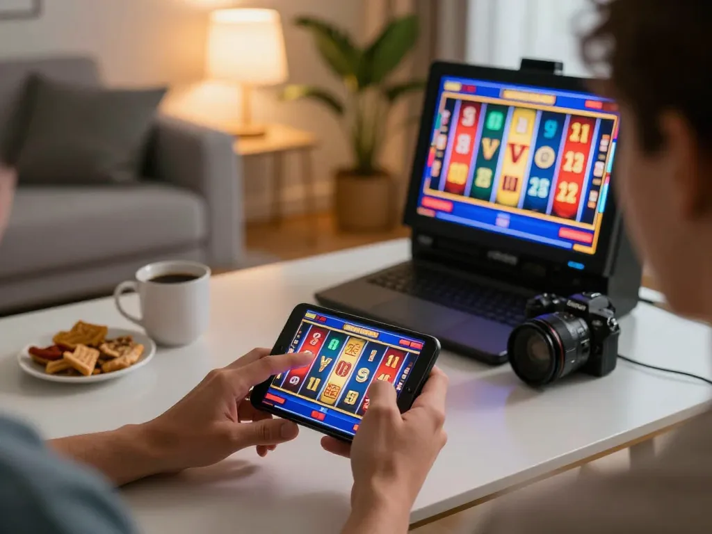Engaging in mobile gaming at home, playing slots on trang chủ 888VI in a cozy atmosphere.