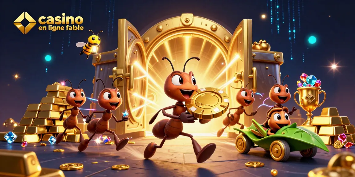 Les fourmis de l'équipe de casino en ligne fiable transportent un chip en or tout en fuyant.