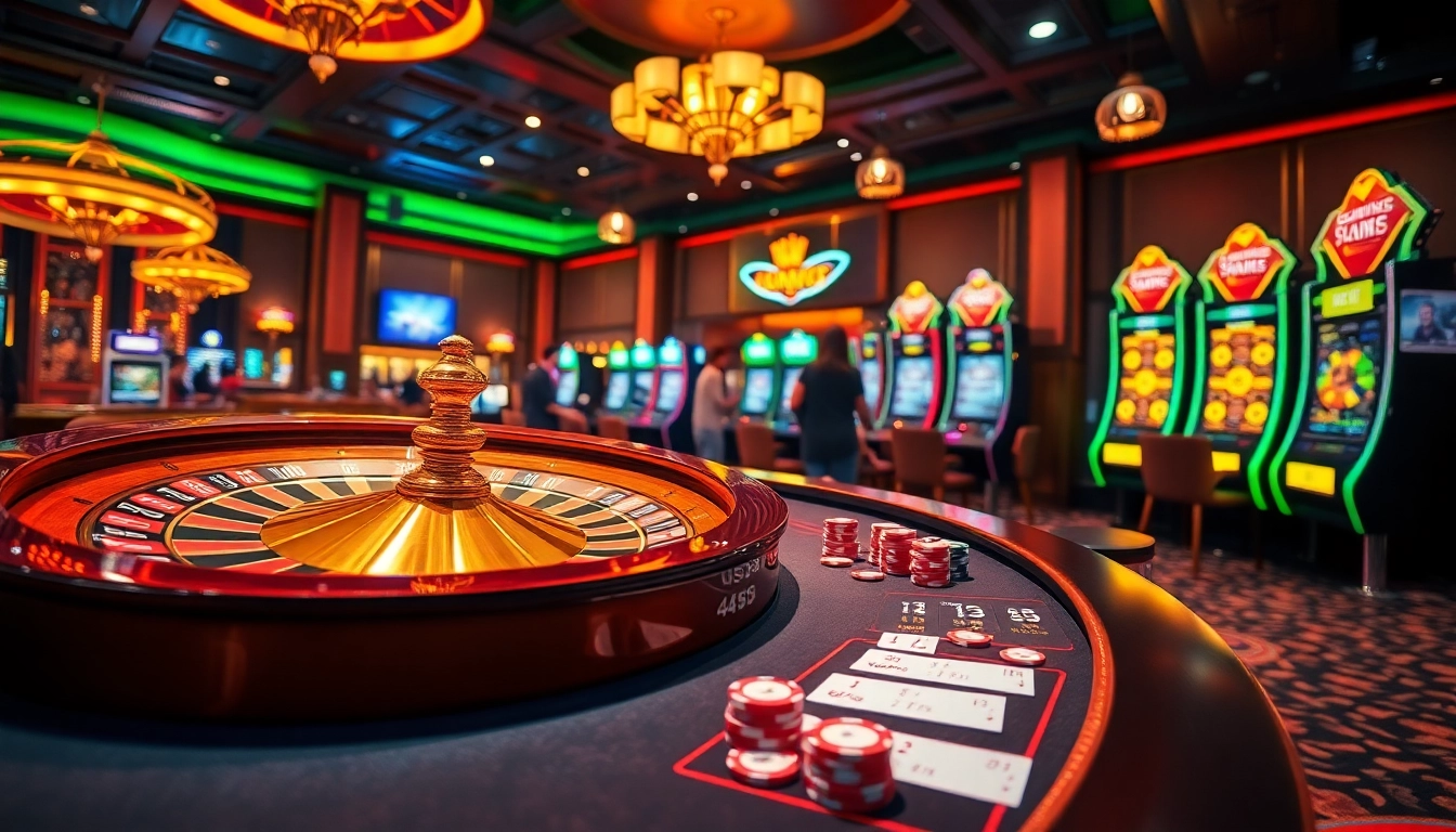 Scène passionnante de casino en ligne illustrant les caractéristiques du meilleur casino en ligne avec roulette et machines à sous.