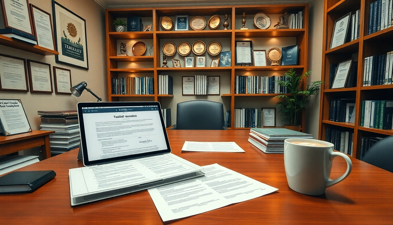 A professional workspace for traducción jurada with translation documents, a laptop, and a cozy atmosphere.