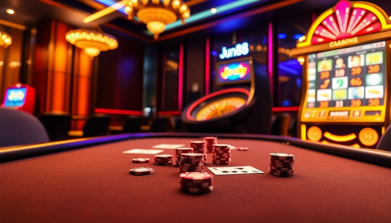 A high-stakes poker game at Jun 88 casino, showcasing vibrant slot machines and a dramatic roulette wheel.