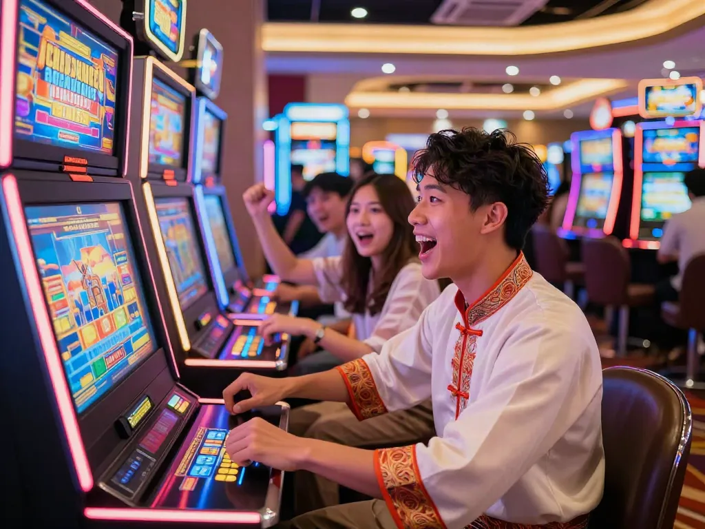 Permainan slot777 di kasino Asia, pemain bersemangat dengan mesin slot berwarna-warni.