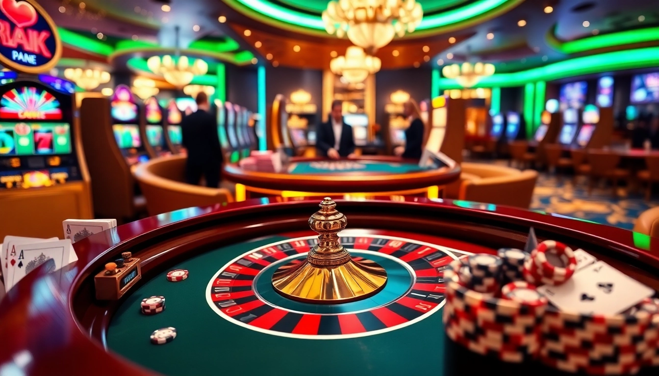 A vibrant casino scene showcasing players engaging with the roulette table and slot machines at https://okwin68.net/, highlighting the excitement of gambling.