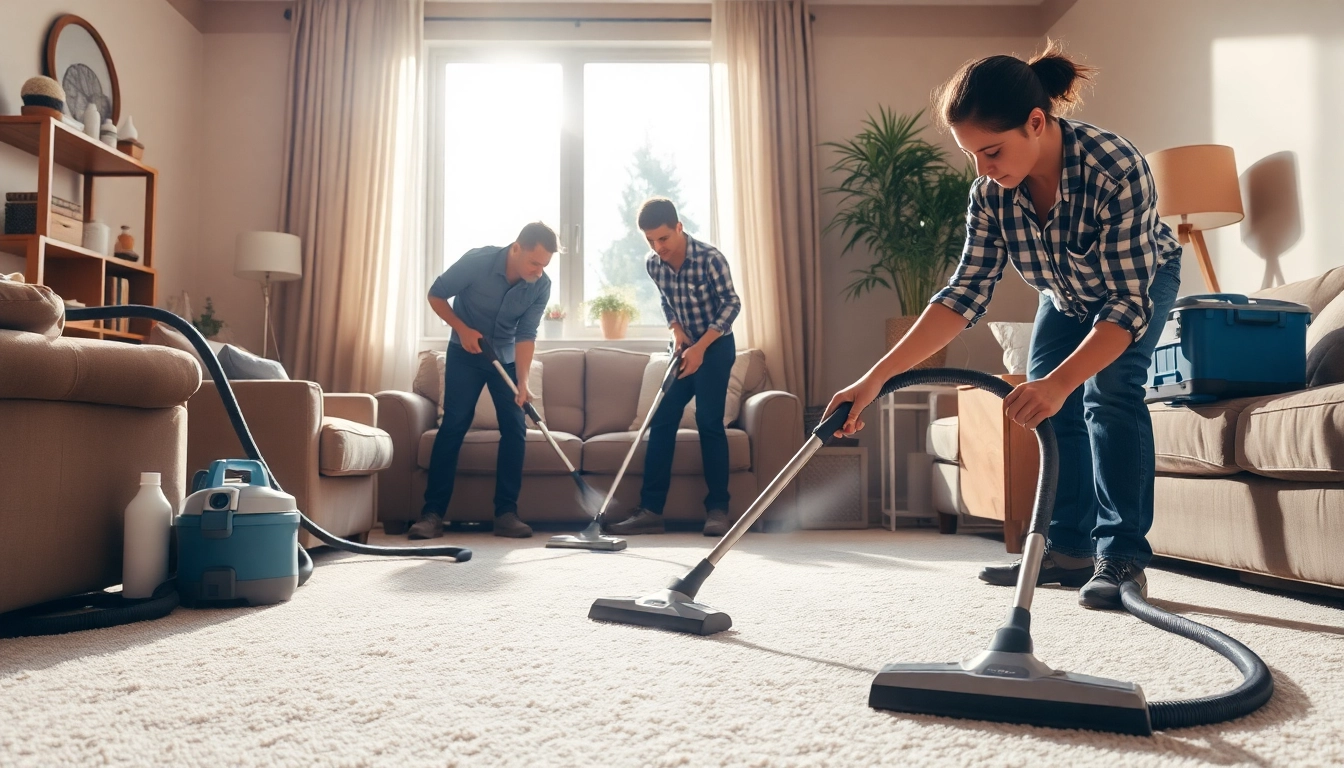 Expert local carpet cleaners effectively cleaning a plush carpet in a sunlit living room.