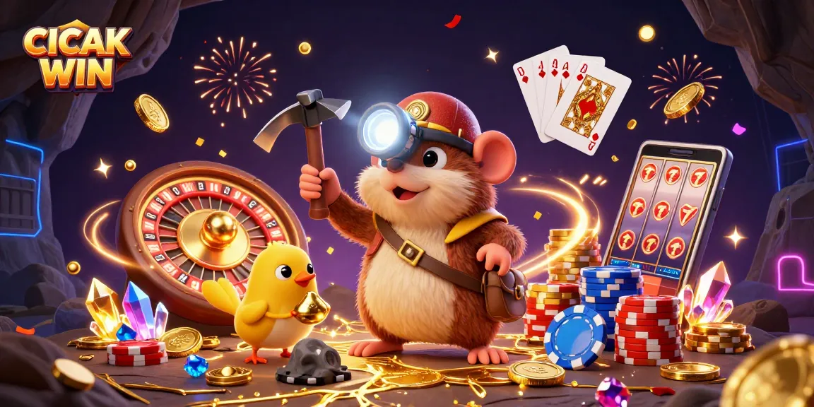 CICAK WIN showcases a vibrant 3D illustration featuring a treasure hunter mole, gems, and casino games, delivering thrilling casino action.