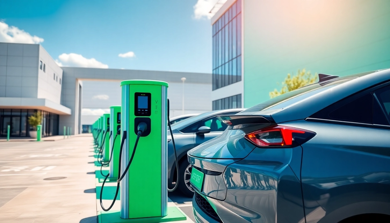 EV charging station contractors installing modern electric vehicle charging stations at a commercial site.