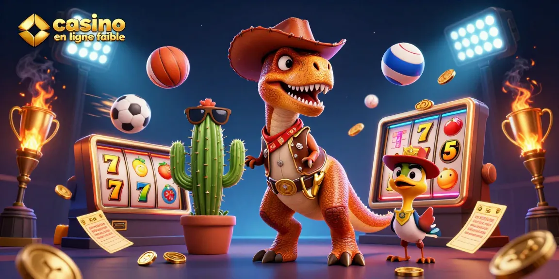 Explorez un univers captivant de jeux avec un casino en ligne fiable, mettant en scène un dinosaure cartoon cow-boy.
