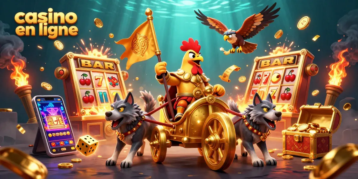 Gagnez aux jeux de casino en ligne avec l'illustration dynamique du royaume du jeu qui s'anime autour d'un roi coq sur un chariot doré.