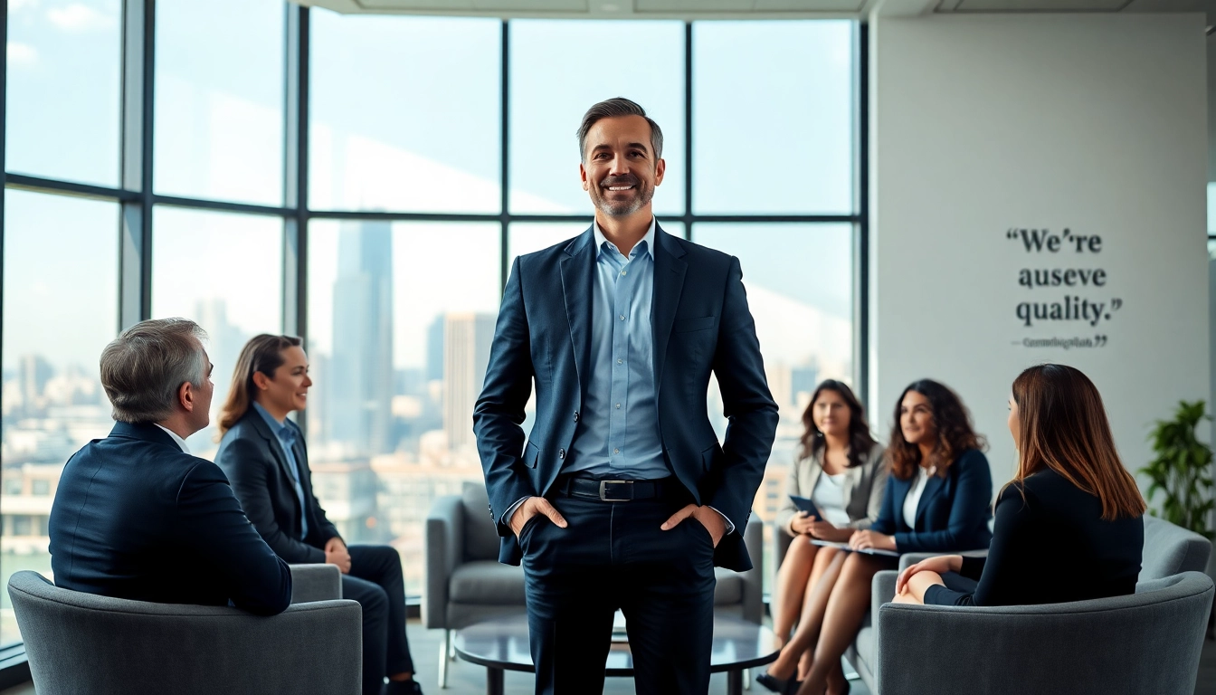 Executive Communication Coach leading a session with professionals in a modern office setting.