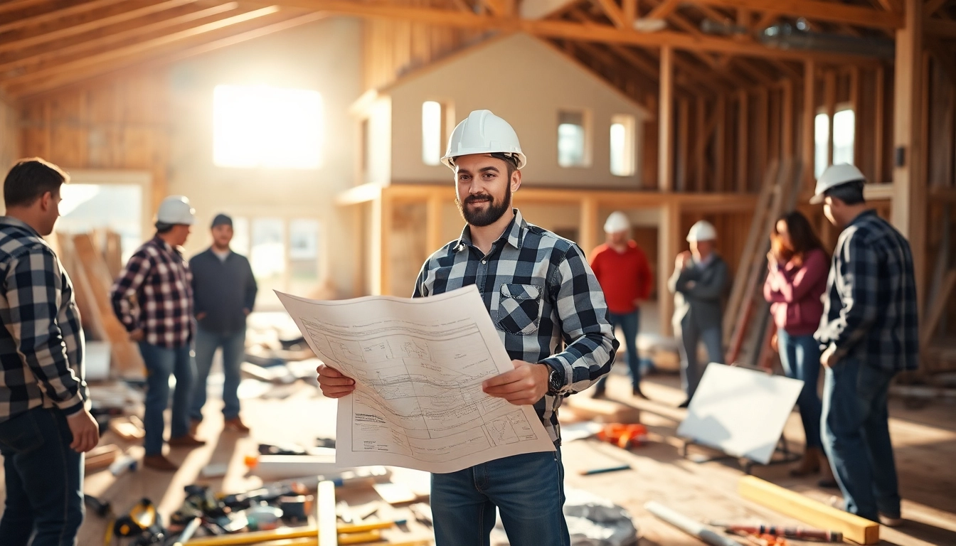 Engaged New Jersey General Contractor directing a construction team on-site with blueprints.