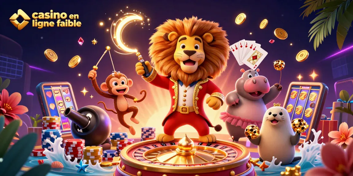 Illustration colorée sur les casinos en ligne fiables avec un lion maître de cérémonie et des jeux dynamiques.