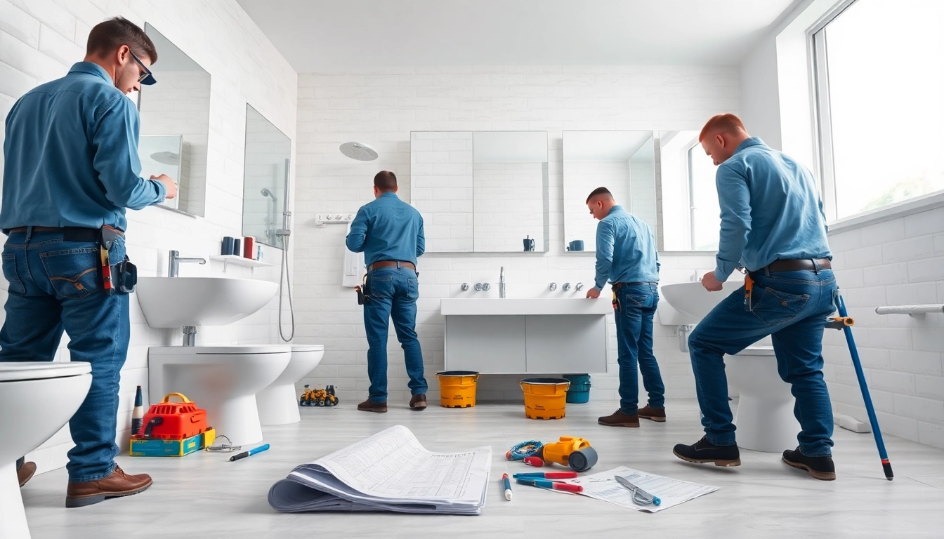 Technicians from sonni sanitär GmbH renovating a bathroom with modern fixtures and tools.