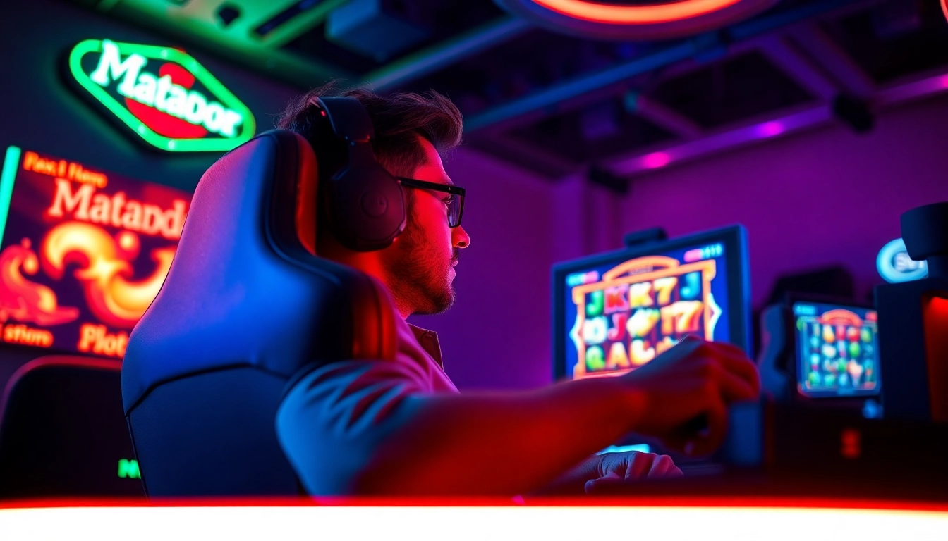 Menang saat bermain matador168 slot dengan gamer terfokus di ruang khusus permainan.