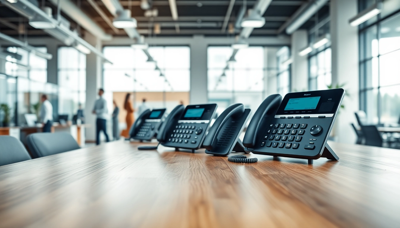 Showcase of office phone systems in a modern workspace with sleek telecommunication devices.