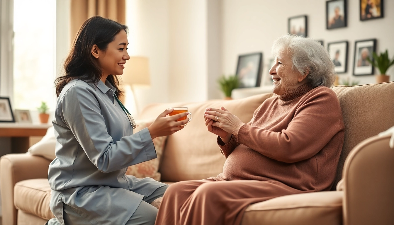 Providing in home respite care, caregiver serves tea to a smiling elderly woman in a cozy setting.