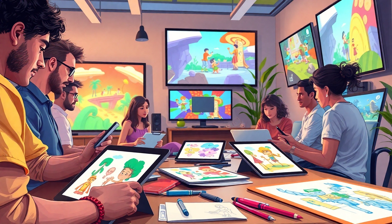 Animationstudio kreative Atmosphäre mit Talenten, die an Projekten arbeiten.