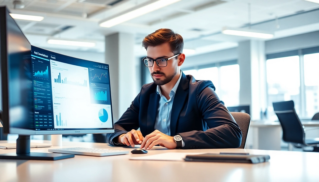Analyze competitive intelligence data with AI tools in a bright office environment.