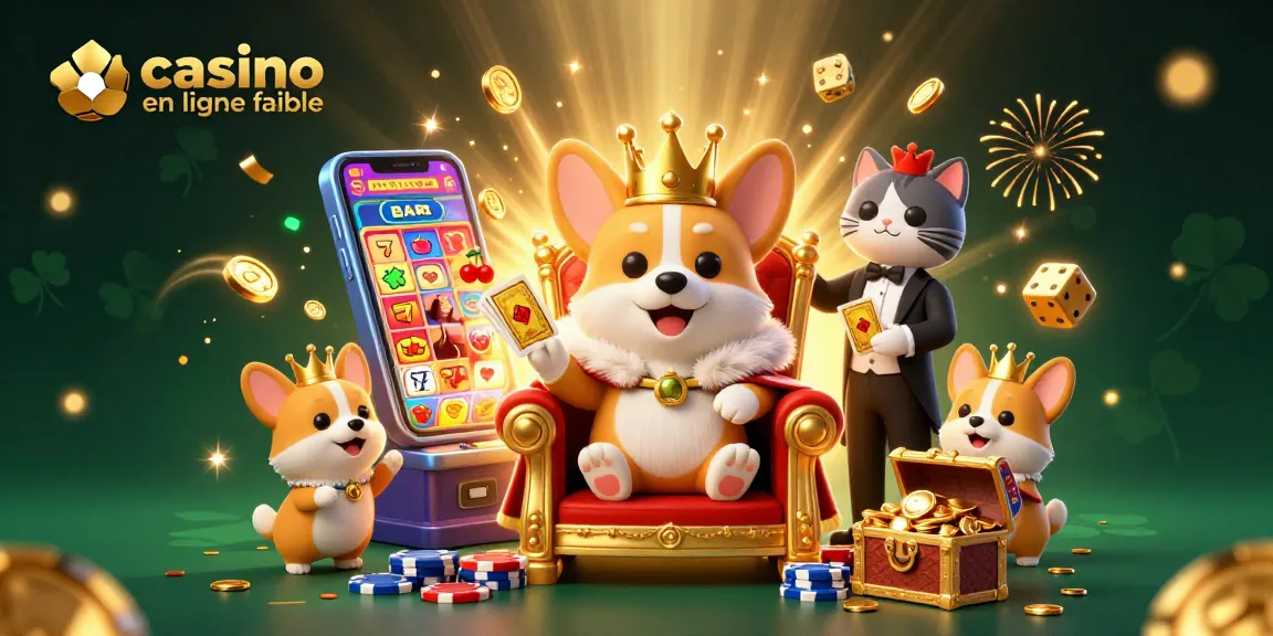 Jouer dans un casino en ligne fiable avec un corgi royal entouré de jeux de casino et d'effets festifs.