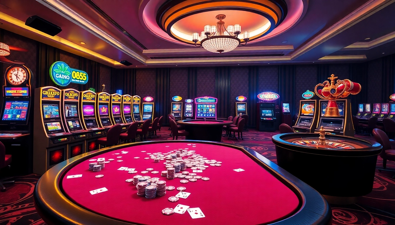Engaging scene emphasizing OK365 Trang chủ, featuring vibrant casino tables, slot machines, and roulette.