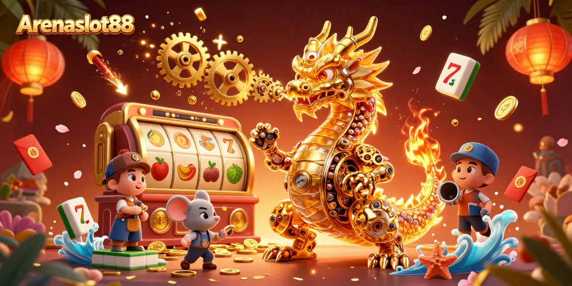 Arenaslot88 menampilkan naga emas futuristik dengan permainan slot dan elemen keberuntungan yang menarik.