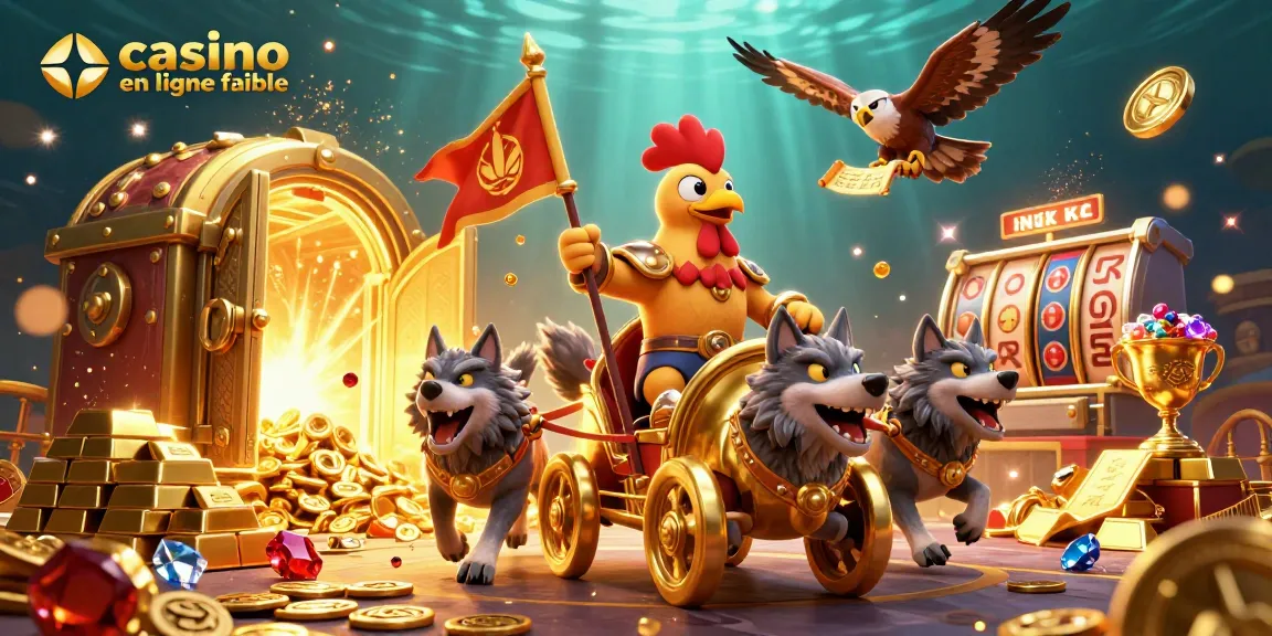 Jouez à un casino en ligne fiable avec un roi coq guerrier dans une scène dynamique de trésor doré.