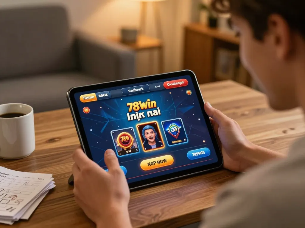 Interactive scene with a user engaged with 789win link mới on a tablet in a cozy home setting.