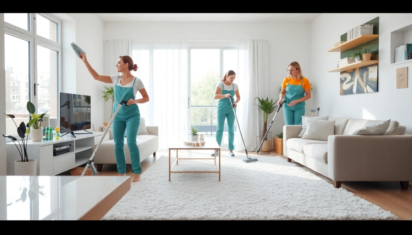 Cleaning service team enhancing a spotless home environment with eco-friendly products.