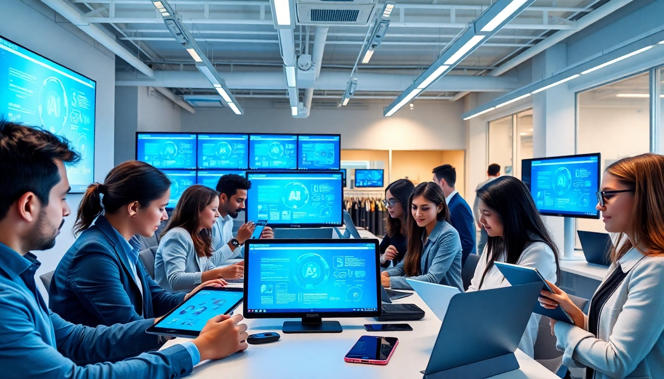 Collaborative professionals engaging with an ai tool marketplace showcasing innovative AI tools.