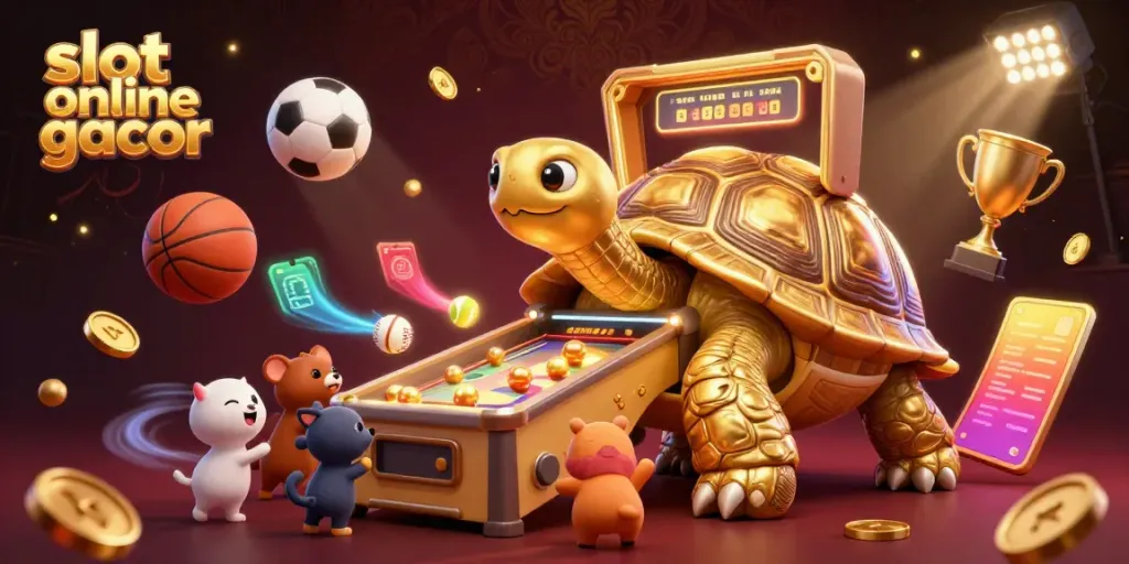 Engage with slot online gacor in this vibrant scene featuring a colossal golden tortoise pinball machine surrounded by dynamic sports elements.
