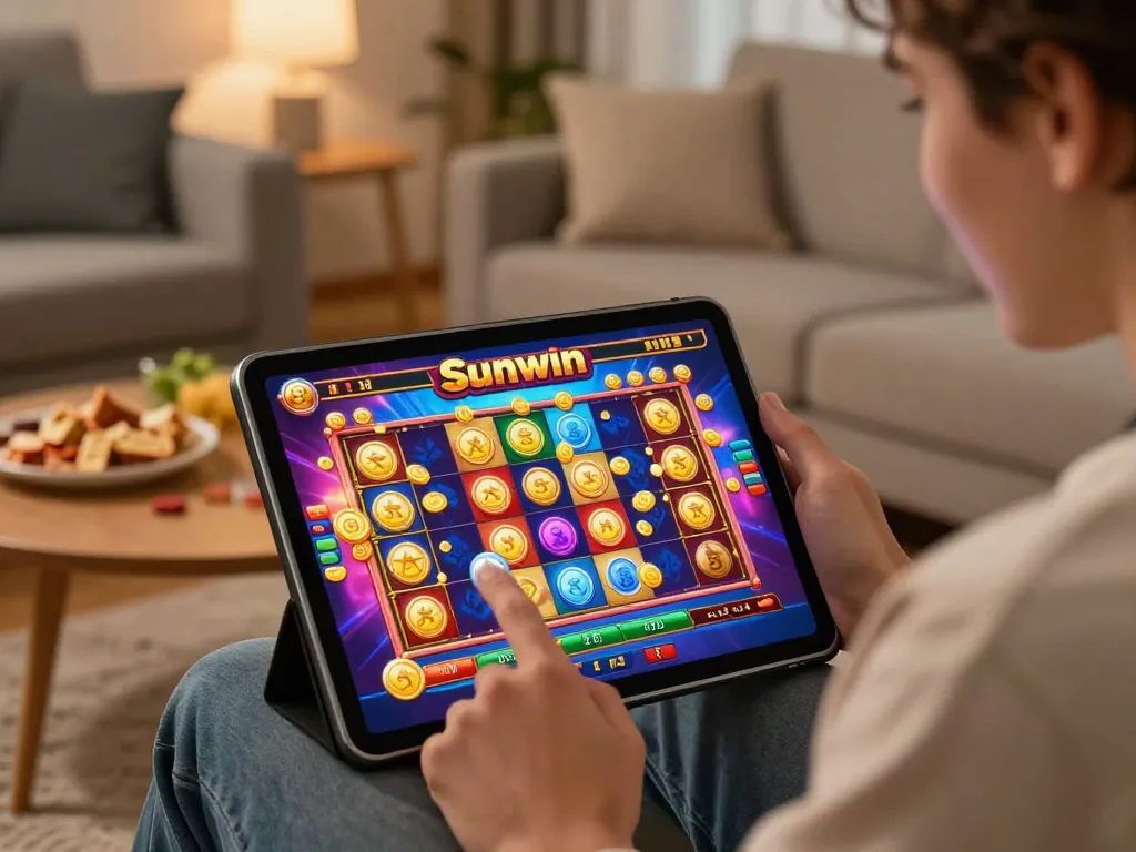 Player enjoying SUNWIN TRANG CHỦ online gaming with a tablet at home, vibrant slot game visible on screen.