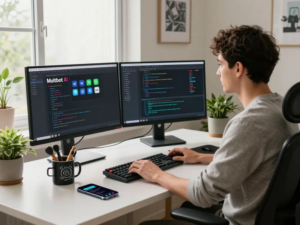 Moltbot AI integration in a modern home office showcasing a developer coding and interacting with tech tools.