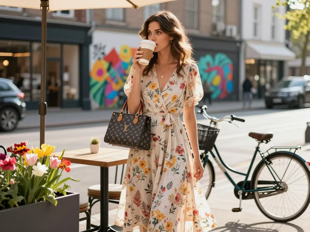 Flowing dresses in spring worn by a stylish woman at a vibrant outdoor café with blooming flowers.