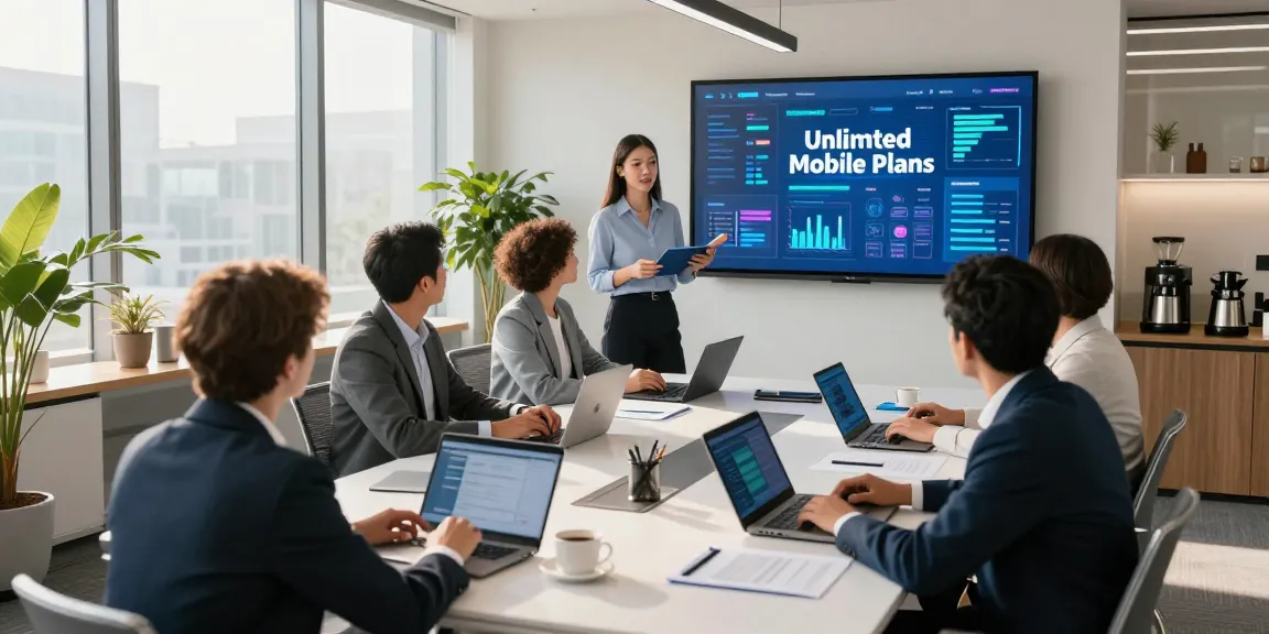 Team collaborating on unlimited business mobile plans in a modern office setting, showcasing teamwork and professionalism.