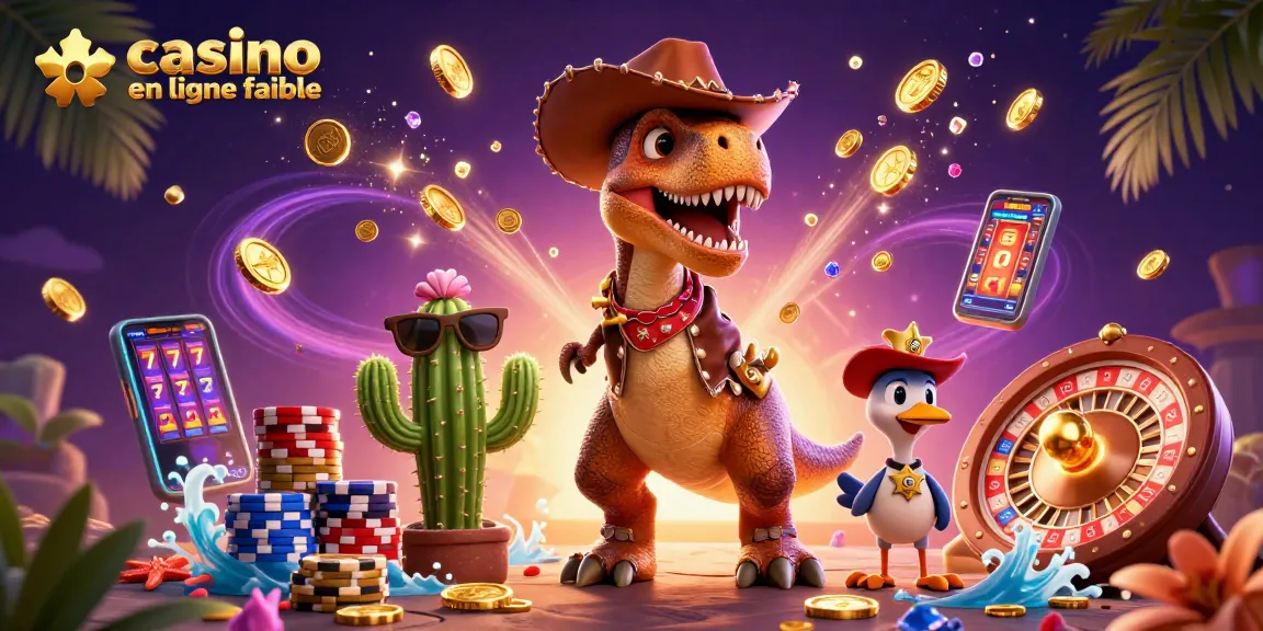 Un jeu captivant au casino en ligne fiable avec un T-Rex, un cactus et un oiseau shérif entourés de joyaux scintillants.