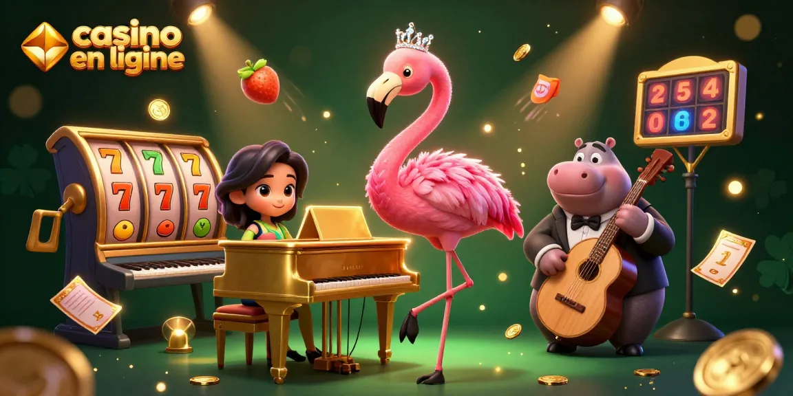 Gagnez gros dans un casino en ligne avec une illustration scintillante de jeux et personnages animés.