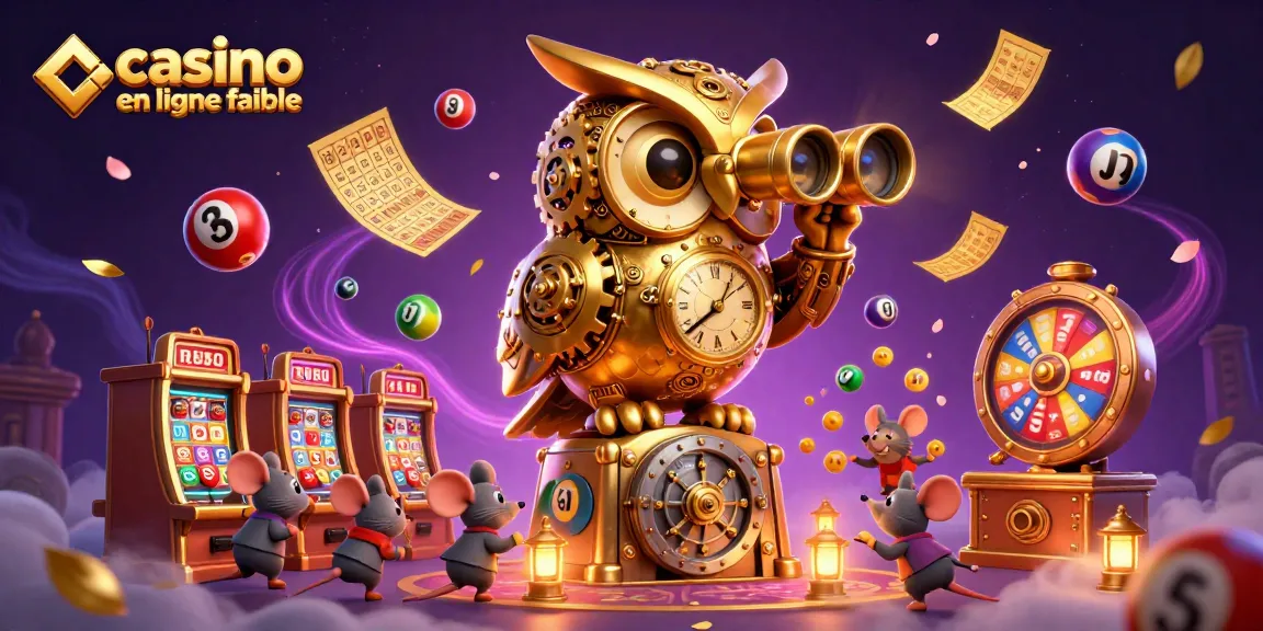 Jouez avec confiance dans un casino en ligne fiable, illustré par un hibou doré et des éléments de jeu.