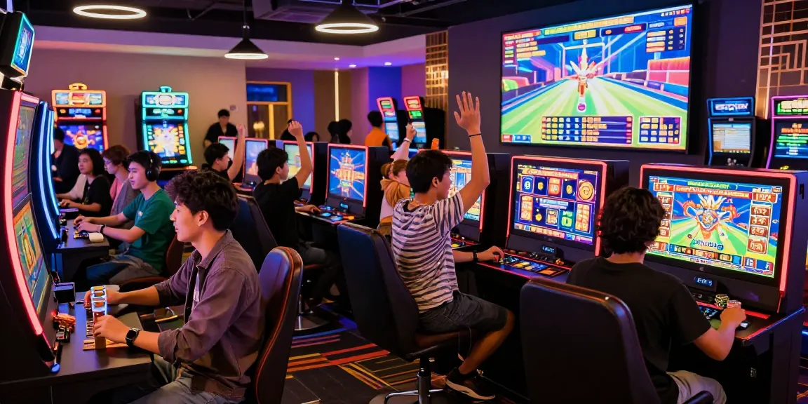 Exciting online gaming environment showcasing players at slot gacor machines, celebrating wins and vibrant decor.