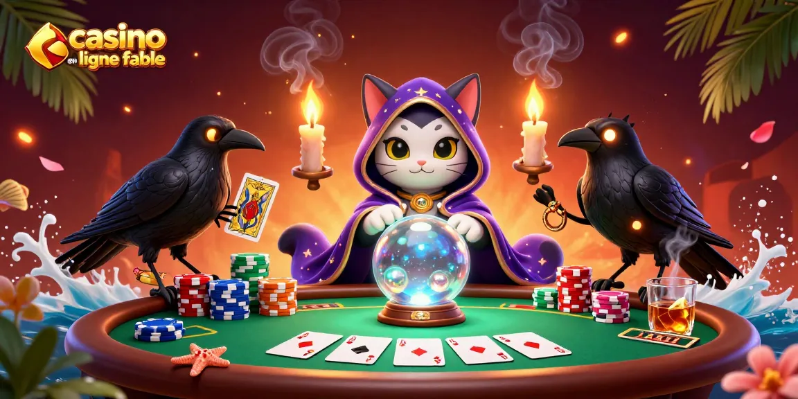 Jouez au casino en ligne fiable avec une illustration captivante de chat mystique, corbeau et éléments de poker.