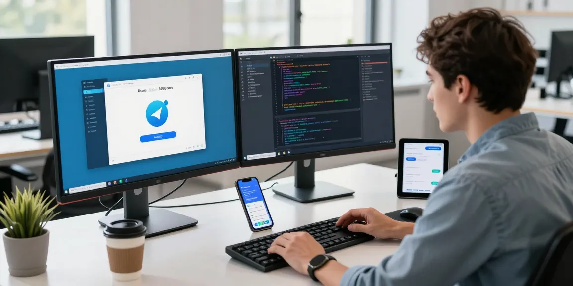 Developer optimizing 纸飞机下载 app in a modern tech workspace with dual monitors and gadgets.
