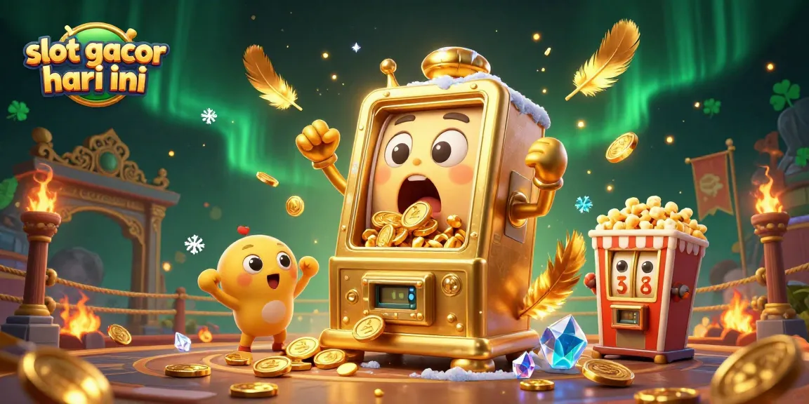 Experience the thrill of slot gacor hari ini with an animated golden slot machine hitting a jackpot and surrounded by cheering mini machines.
