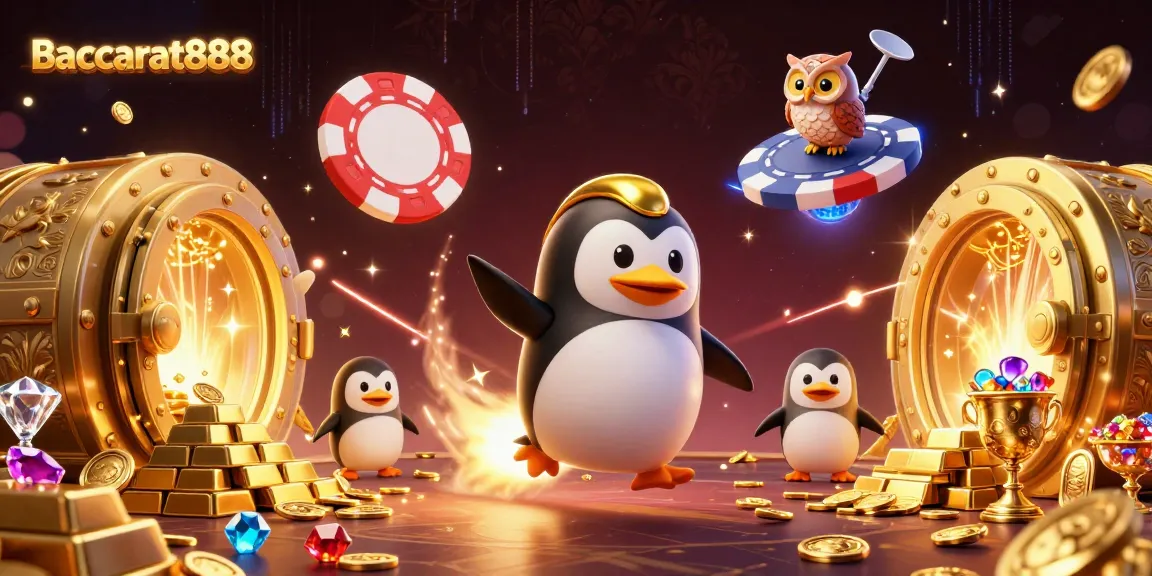 Baccarat888 offers a unique gaming experience with a golden penguin exploring a rich casino world filled with treasures.