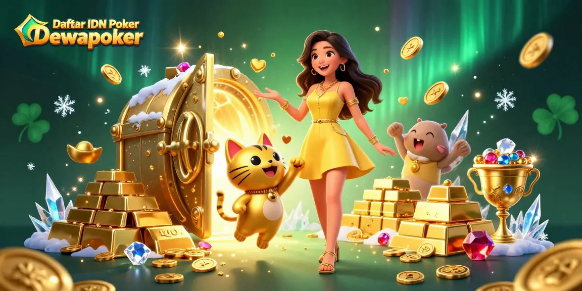 Play and win at Daftar IDN Poker Dewapoker with a vibrant casino-themed illustration.