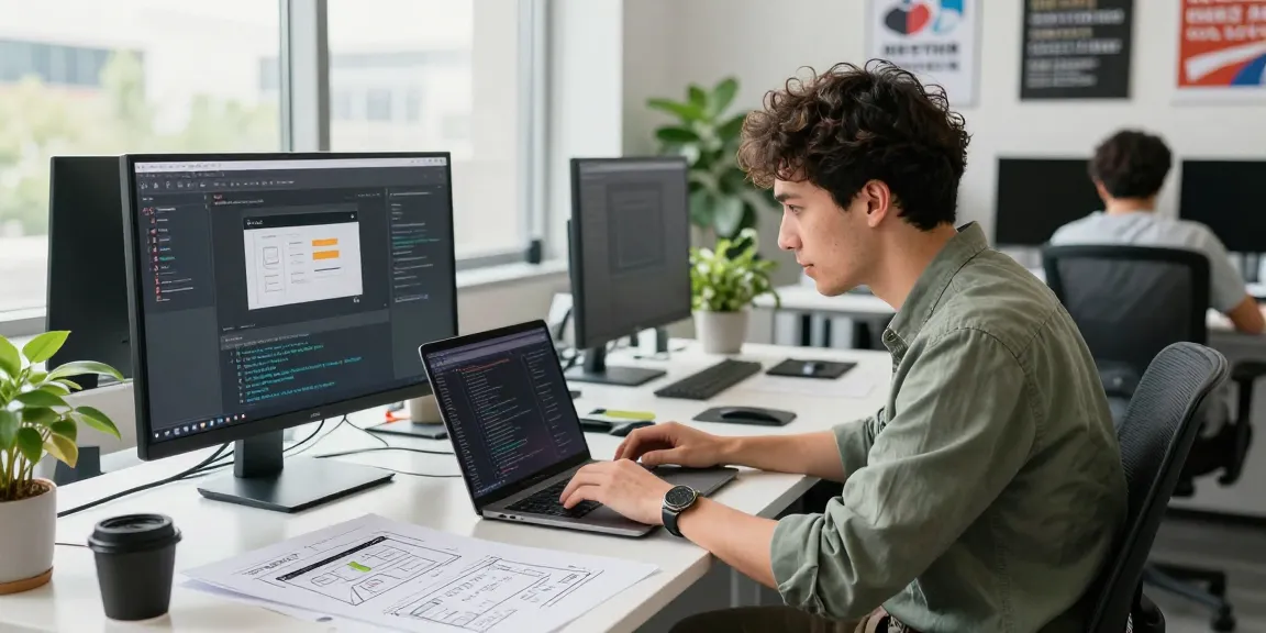 Creative web development workspace featuring scenadomen.pl on multiple screens