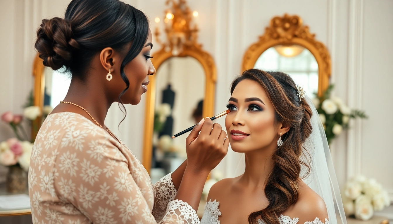 Delaware makeup artist applying soft glam makeup to a beautiful bride in an elegant studio.
