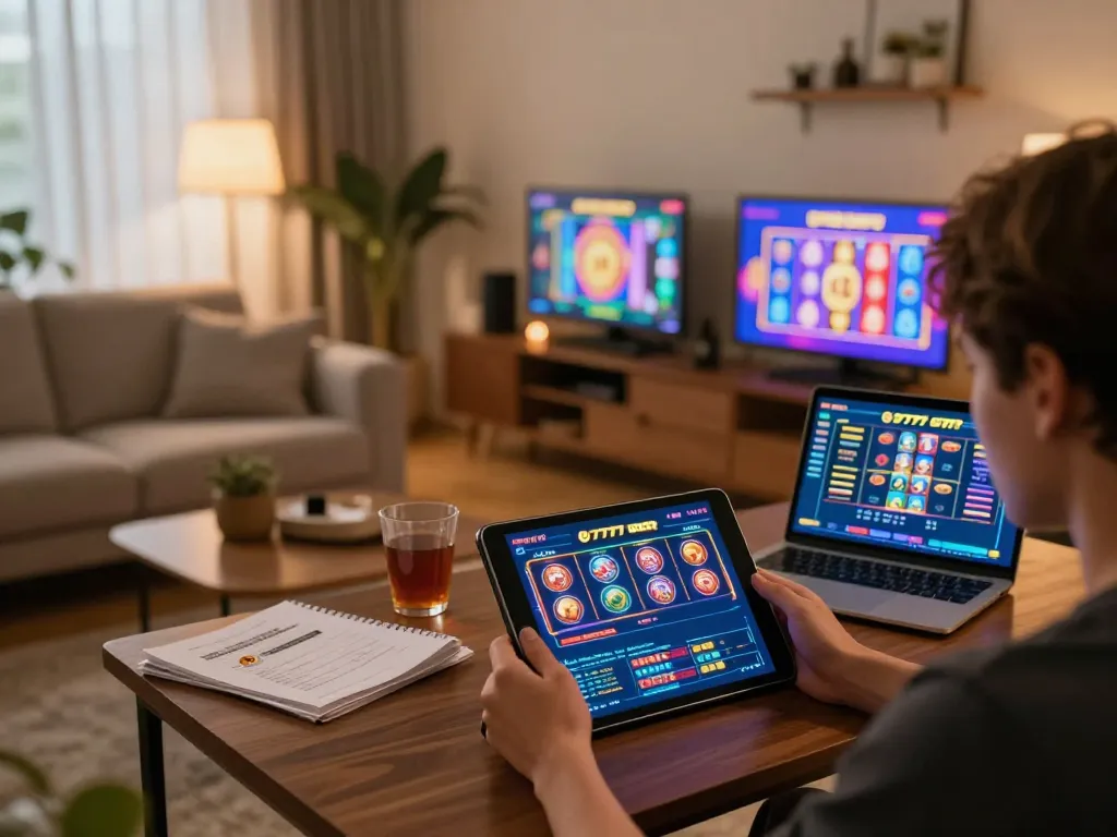 Playing slot777 gacor on a tablet in a cozy home setting, showcasing vibrant game interface.