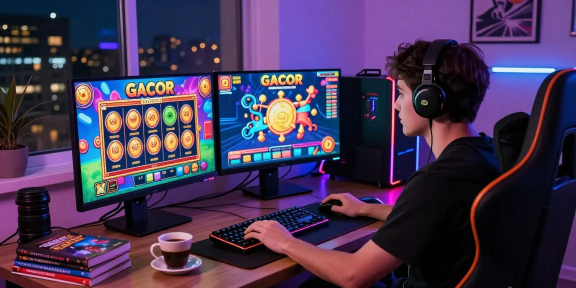 Player engaged in slot gacor gaming at a vibrant, immersive setup with dual monitors and LED lights.