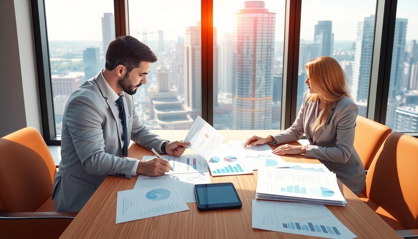 Tax Consultants in Kenya collaborating professionally over financial documents in a modern office.